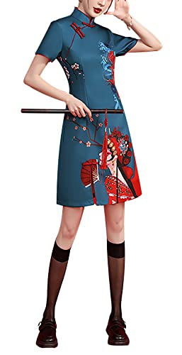 Women's Vintage Chinese Cheongsam Print Dress Short Sleeve Retro Side Slit Mini Bodycon Dress - 8 - 21497 Print
