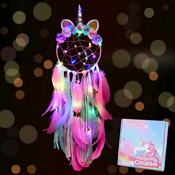 FIODAY Unicorn Dream Catcher Wall Decor Led Dream Catchers with Light Colorful Feather Dreamcatchers for Girls Gift Home Hanging Decoration for Room Bedroom(Pink)