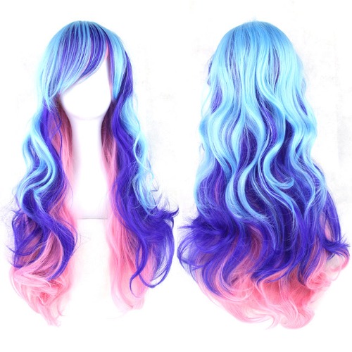 Multi-Color Long Wigs - Curly Blue Purple Pink