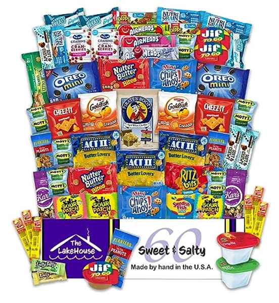 Snacks Variety Pack for Adults Kids Students - 60 Count Sweet and Salty - Inmates Soldiers Men Women - College Care Package Gift Basket - Birthday Treats - Office Snacks - Snack Packs by The LakeHouse