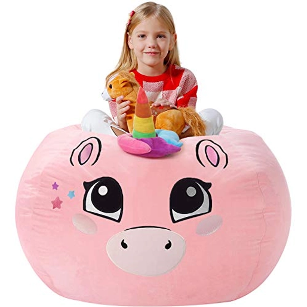 Aubliss Unicorn Stuffed Animal Storage, Velvet Bean Bag Chairs Cover, X-Large 38" Ultra Soft Kids Toy Storage Organizer for Blankets Towels Clothes, Pink Big Eyes