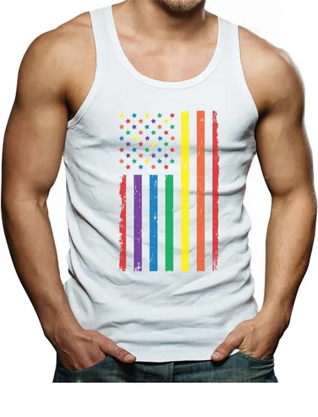 Pride Tank Top Men LGBTQ Gifts Gay American Flag Trex Rainbow Mens Singlet - X-Large Rainbow Flag / White