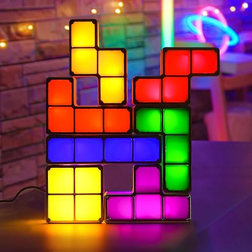 Tangram Stackable Night Light, AVEKI LED 7 Colors Induction Interlocking Desk Lamp 3D DIY Magic Blocks Puzzles Toy for Bedroom Home Decor Ideal Gift for Birthday (US Plug) - 7 color