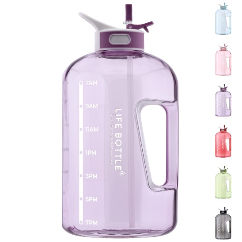 Life Bottle 1 Gallon Water Bottle with Straw Lid and Chug Lid, Leakproof Water Jug. Big Water Bottle with Time Marker, No Quotes. 128 oz Water Bottle with Handle and Straw, BPA Free Water Bottles - 1 gallon Purple