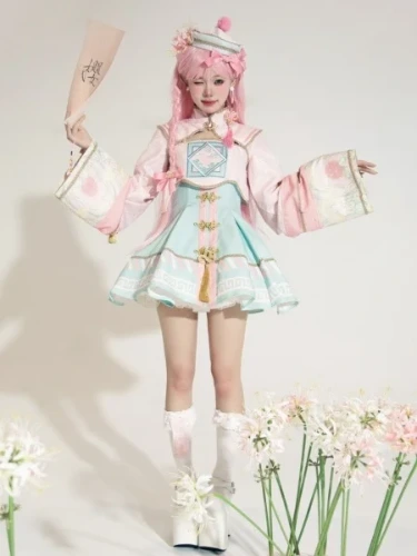 [$44.50]Sakura Pink and Mint Green Golden Knot Buttons Straps Dress Little Zombie Collection