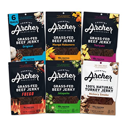 Beef and Turkey Jerky Variety Pack by Country Archer, 6 Flavors, 100% Grass Fed, 100% Natural, High Protein Snacks, 2.5 Ounce, 6 Pack (Packaging May Vary) - Variety Pack - 2.5 Ounce (Pack of 6)