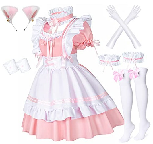 Anime French Maid Apron Lolita Fancy Dress Cosplay Costume Furry Cat Ear Gloves Socks Set(Pink S) - Small - Pink