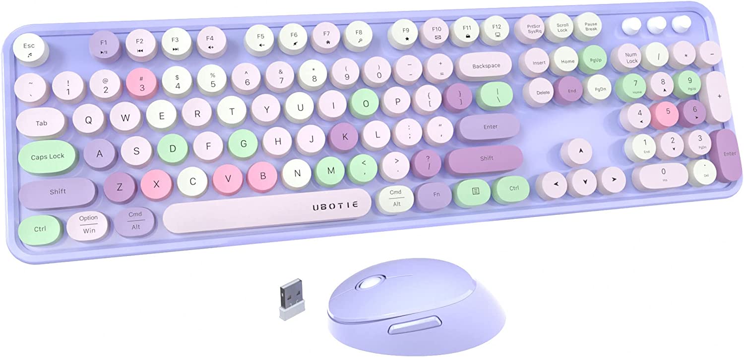 UBOTIE Colorful Computer Wireless Keyboard Mouse Combos, Typewriter Flexible Keys Office Full-Sized Keyboard, 2.4GHz Dropout-Free Connection and Optical Mouse (Purple-Colorful) - Purple-colorful