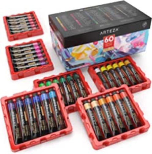 ARTEZA Acrylic Paint, Set of 60 Colors, 0.74 oz/22 ml Tubes, includes 5 Metallic Colors, Rich Pigments, Non-Fading, Non-Toxic Paints for Artist & Hobby Painters, Art Supplies for Painting - 60 x 22ml (0.74 fl oz)