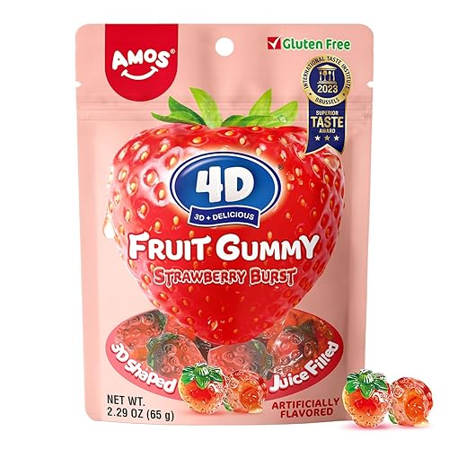Amos 4D Gummy Candy Strawberry Burst - Fruity, Jelly-Filled, Natural Flavor - Resealable 2.29oz Bag (Pack of 3) - Strawberry 3Pack