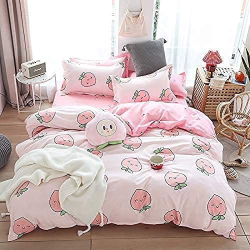 Cartoon Duvet Cover Set Pink Peach Bedding Set Kid Kawaii Bedding Set Girl Lovely Peach Comforter Cover Cute Fruits Quilt Cover Tropical Plant Bedding Reversible Soft Bedspread Cover Room Decor