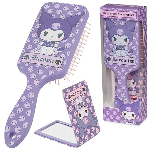 Hello Kitty Detangle Hair Brush for Women, Teenagers, and Girls, Kawaii Hair Accessories - Cute Gifts for Her (Kuromi Brush & Mirror) - Kuromi Brush & Mirror