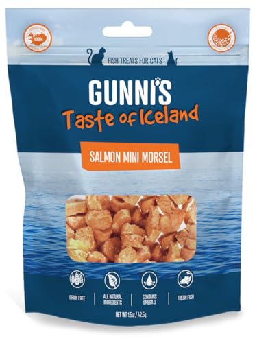 Gunnis Salmon Mini Morsel Natural Cat Treats - 100% Pure Icelandic Fish, Sustainably Sourced, Omega Rich, Hypoallergenic, Low Fat, No Additives 42.5g - 42.5 g (Pack of 1) - Salmon Mini Morsel