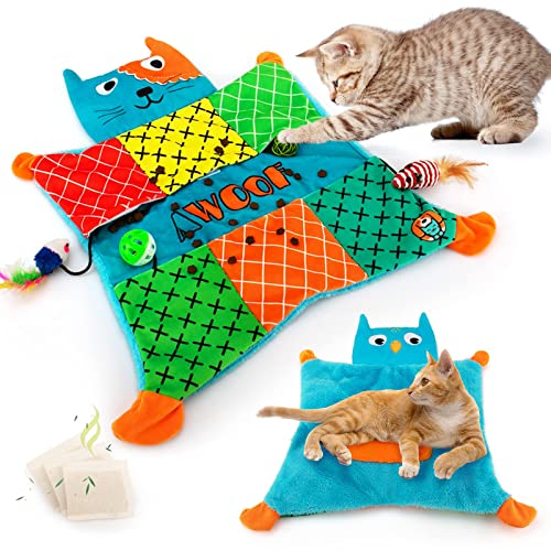 AWOOF Cat Mat, Cute Soft Catnip Mat, Cat Activity Mat Machine Washable Cat Blanket for Small Medium Large Cats with 7 Pockets, Crinkle Paper Self-Warming Kitty Carpet Interactive Catnip Toys - C
