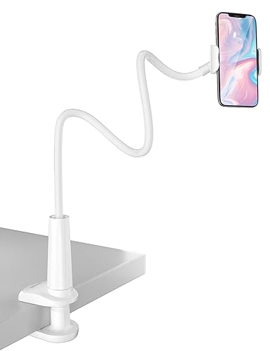 TRYONE Gooseneck Phone Holder Stand for Bed Flexible Arm Adjustable Cell Phones Mount Clamp on Desk Compatible with iPhone 12 Pro 12 11 Pro Xs 8 7 6 | S21 or Other 4"-7" Devices - White
