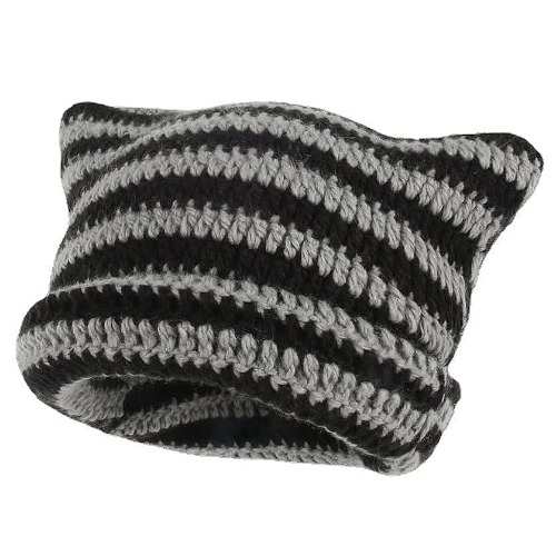 SINSEN Women's Cat Beanie Crochet Hats with Ears Knitted Striped Winter Warm Elastic Cap for Girls Adults Kids