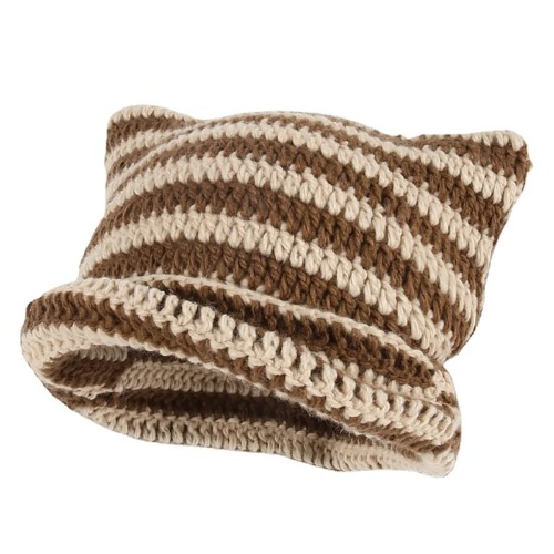 SINSEN Women's Cat Beanie Crochet Hats with Ears Knitted Striped Winter Warm Elastic Cap for Girls Adults Kids