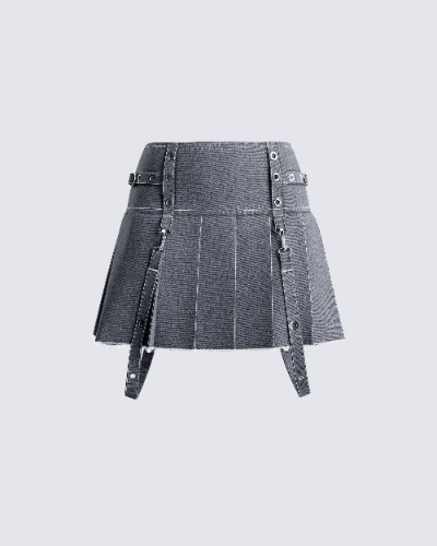 Dina Grey Denim Pleated Mini Skirt | XS
