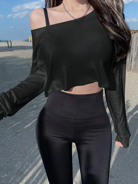DAZY Asymmetrical Neck Drop Shoulder Crop Tee