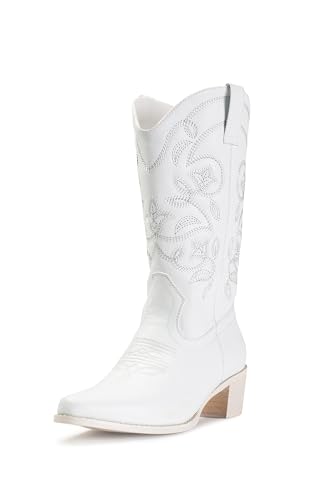 IUV Cowboy Boots For Women Pointy Toe Women's Western Boots Cowgirl Boots Mid Calf Boots - 7 - White