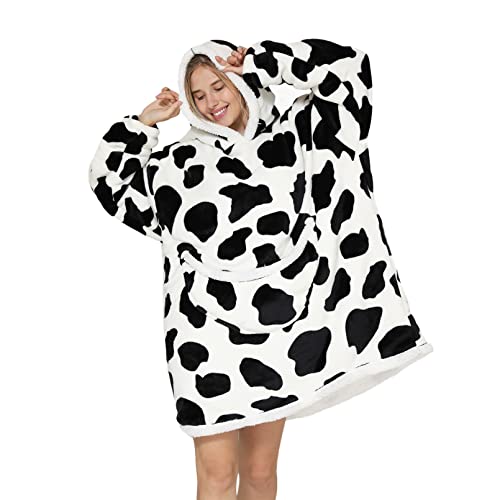 Deserthome Blanket Hoodie Wearable Oversized Hooded Blanket for Adult Women Super Soft Comfortable Warm Flannel with Giant Pocket and Sleeves Cow - Black White Cow