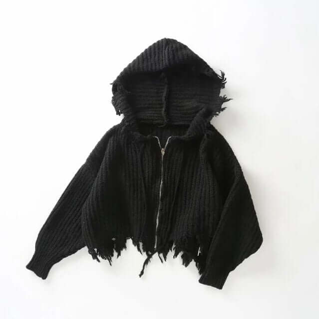 Negative Outlook' Black Frayed Long Sleeve Hooded Cropped Sweater - One Size / Black sweater