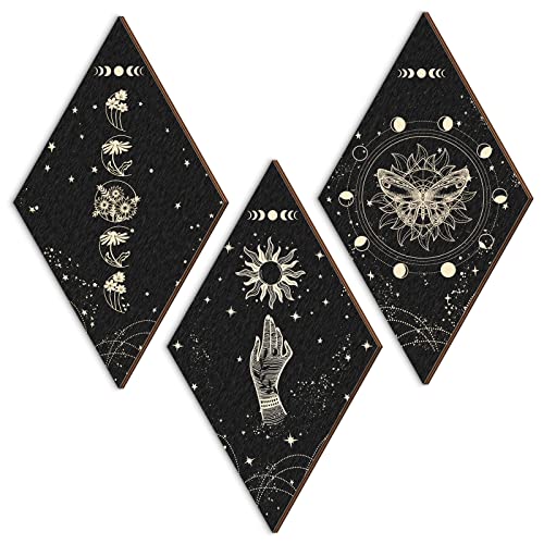 3 Pcs Halloween Rustic Boho Wall Decor Sun Moon Wood Wall Signs Wooden Minimalist Wall Pediments Moon Room Decor with Hanging Hook for Gothic Room Decor Bedroom Living Room Witchy Wall Decor