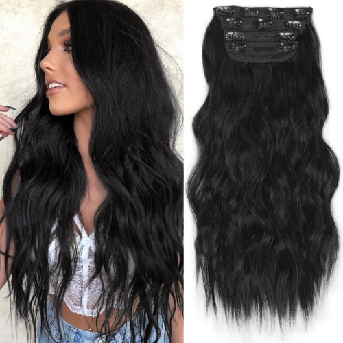 KooKaStyle Clip in Synthetic Hair Extensions Long Wavy 4PCS Thick Hairpieces Black Fiber Double Weft Natural Hair Extensions 20 Inch for Women - 20 Inch - Black