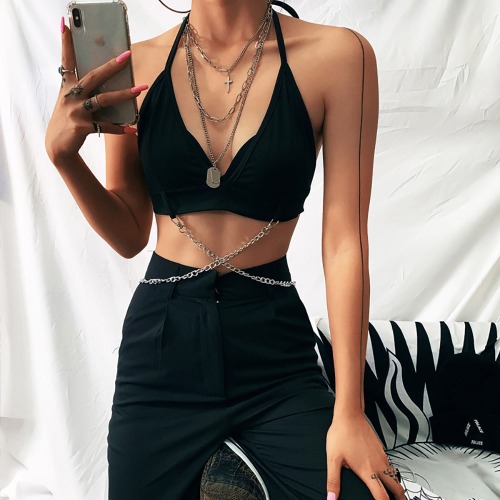 Unwavering' Black Alt Grunge Chain Crop Top - Black / M