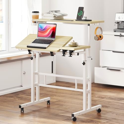 soges Rolling Standing Desk, Height Adjustable Home Office Desk, Mobile Sit-Stand Laptop Desk with Hook and Cup Holder, Portable Desk with Wheels, Maple - Maple