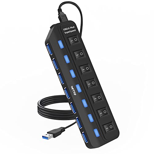 IVETTO USB Hub 3.0,7-Port USB Hub USB Splitter with 3ft Long Cable and Individual LED Switches for Laptop, PC, MacBook, Mac Pro, Mac Mini, iMac, Surface Pro and More USB Devices - 3FT - 7-Port