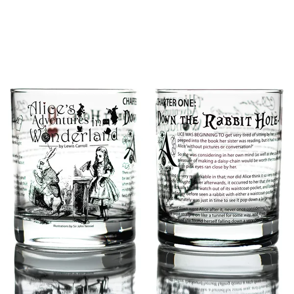 Greenline Goods Whiskey Glasses - Alice in Wonderland (Set of 2) | Literature Rocks Glass with Lewis Carroll Book Images & Writing - Alice in Wonderland
