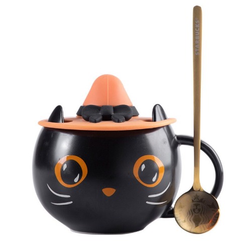 Pumpkin Cat Ceramic Mug - 400ml Capacity - Black with spoon lid / 301-400ml