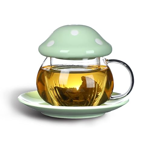 Mushroom Cup Cute Glass Tea Cup with Infuser and Lid Kawaii Mushroom Mug Set Coffee Teapot with Ceramic Coasters 11oz (Green) - Green