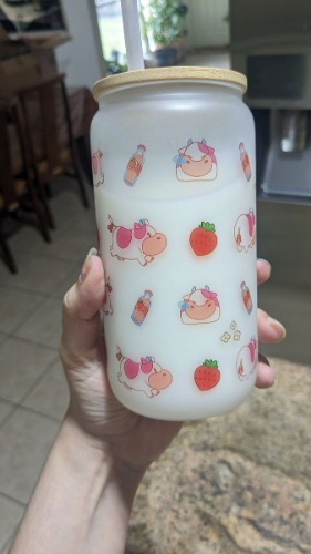 Strawberry Cow Glass Cup 16oz