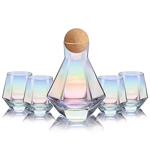 CUKBLESS Wine Decanter, Wine Glasses Set of 4, Diamond Iridescent Wine Carafe With Cork Ball Stopper, Hand Blown Glass, Perfect Wine Gifts For Wine Lovers And Newlyweds - 4 PCS+Decanter