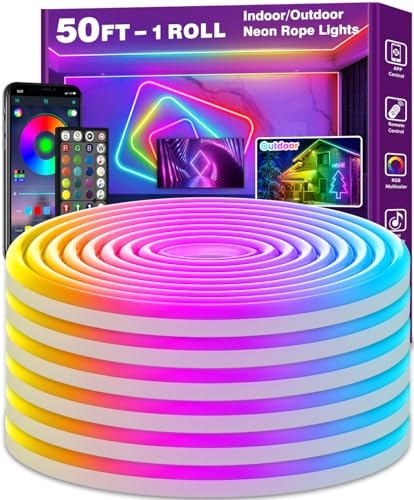 AILBTON Led Neon Rope Lights 50Ft,Control with App/Remote,Flexible Led Rope Lights,Multiple Modes,IP65 Outdoor RGB Neon Lights Waterproof,Music Sync Gaming Led Neon Strip Lights for Bedroom Indoor - 50FT