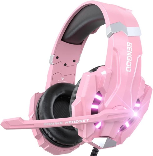 BENGOO G9000 Professional Gaming Headset for PS4, PC, Xbox One Controller, Noise Cancelling Over Ear Headphones with Mic, LED Light, Bass Surround, Soft Memory Earmuffs for Laptop Nintendo - Pink - Pink
