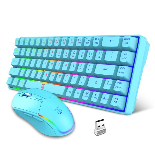 Snpurdiri 60% Wireless Gaming Keyboard and Mouse Combo,LED Backlit Rechargeable 2000mAh Battery,Small Membrane But Mechanical Feel Keyboard + 6D 3200DPI Mice for Gaming,Business Office（Blue