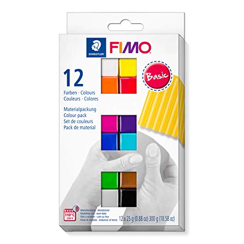STAEDTLER 8023 C12-1 FIMO Soft Oven Hardening Polymer Modelling Clay - Basic Assorted Colours (Pack of 12 x 25g Blocks) - Oven Hardening
