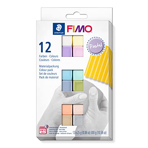 STAEDTLER 8023 C12-3 FIMO Soft Oven-Hardening Polymer Modelling Clay - Assorted Pastel Colours (Pack of 12 x 25g Blocks) - Pastel Colours - Pack of 12
