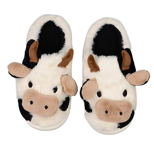 XIXITIAO Cow Slippers,slippers for Women Men,Cute Fuzzy Slippers, Womens/Mens Kawaii Animal Cartoon Cotton Plush House Slippers,Cloud Bedroom Winter House Shoes for Indoor - 6-7 Women/5-6 Men - Cow