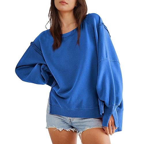 Hixiaohe Women's Oversized Crewneck Sweatshirts Casual Long Sleeve Side Split Pullover Tops Fall Slouchy Hoodie - Dark Blue - Small