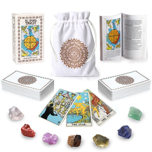 SPIRITDUST Tarot Cards Deck with Guidebook, 78 Original Tarot Cards with Booklet for Beginners and Expert Readers, Fortune Telling Cards Game White Wite 7 Crystal Stones - White-2