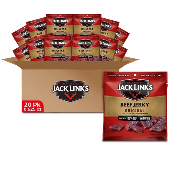 Jack Link's Beef Jerky, Original, Multipack Bags - Flavorful Meat Snack for Lunches, Ready to Eat - 7g of Protein, Made with Premium Beef, No Added MSG** - 0.625 oz (Pack of 20) - Original Pack of 20