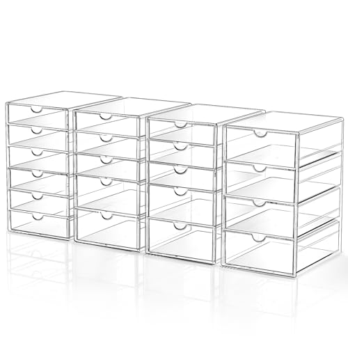 Makeup Drawer Storage Organizer with 20 Drawers, 4 Set Acrylic Office Desk Organization and Storage, Dustproof Drawer Organizer for Makeup, Office, Countertop, Jewelry, Pen, Desktop, Bathroom, Bedroom - 20 Drawers