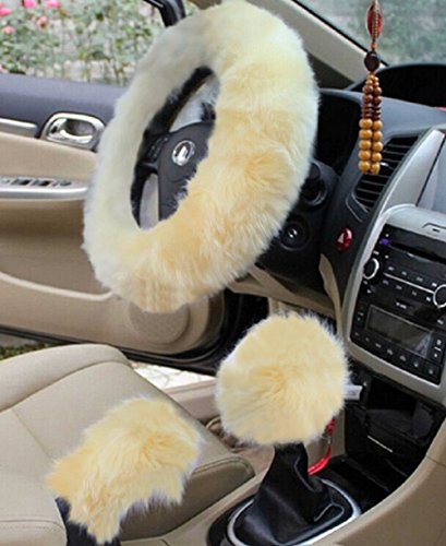Yontree Fashion Fluffy Steering Wheel Covers for Women/Girls/Ladies Australia Pure Wool 15 Inch1 Set 3 Pcs (Purple) - Long Hair - Yellow
