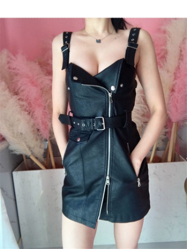 Buckled Leather Zipper Dress - Black / L