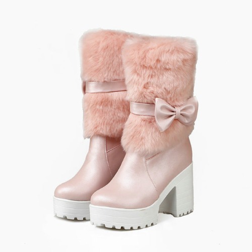 Furry Pink Bow Boots - Pink / 11