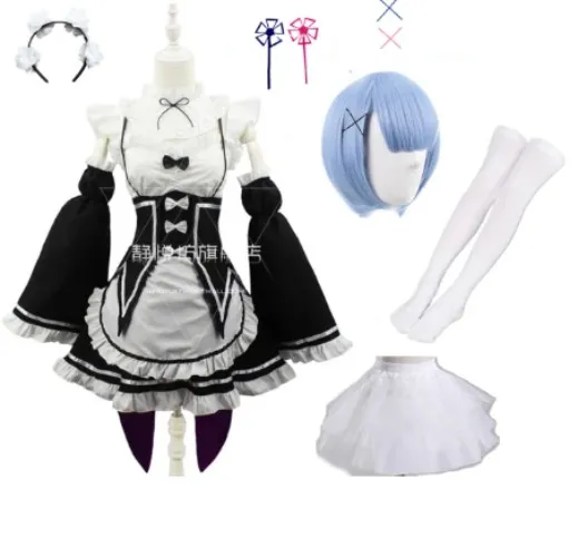 Re:zero Kara Hajimeru Isekai Seikatsu Ram/Rem disfraz negro de sirvienta, vestido de sirvienta para Navidad y Halloween, en Stock